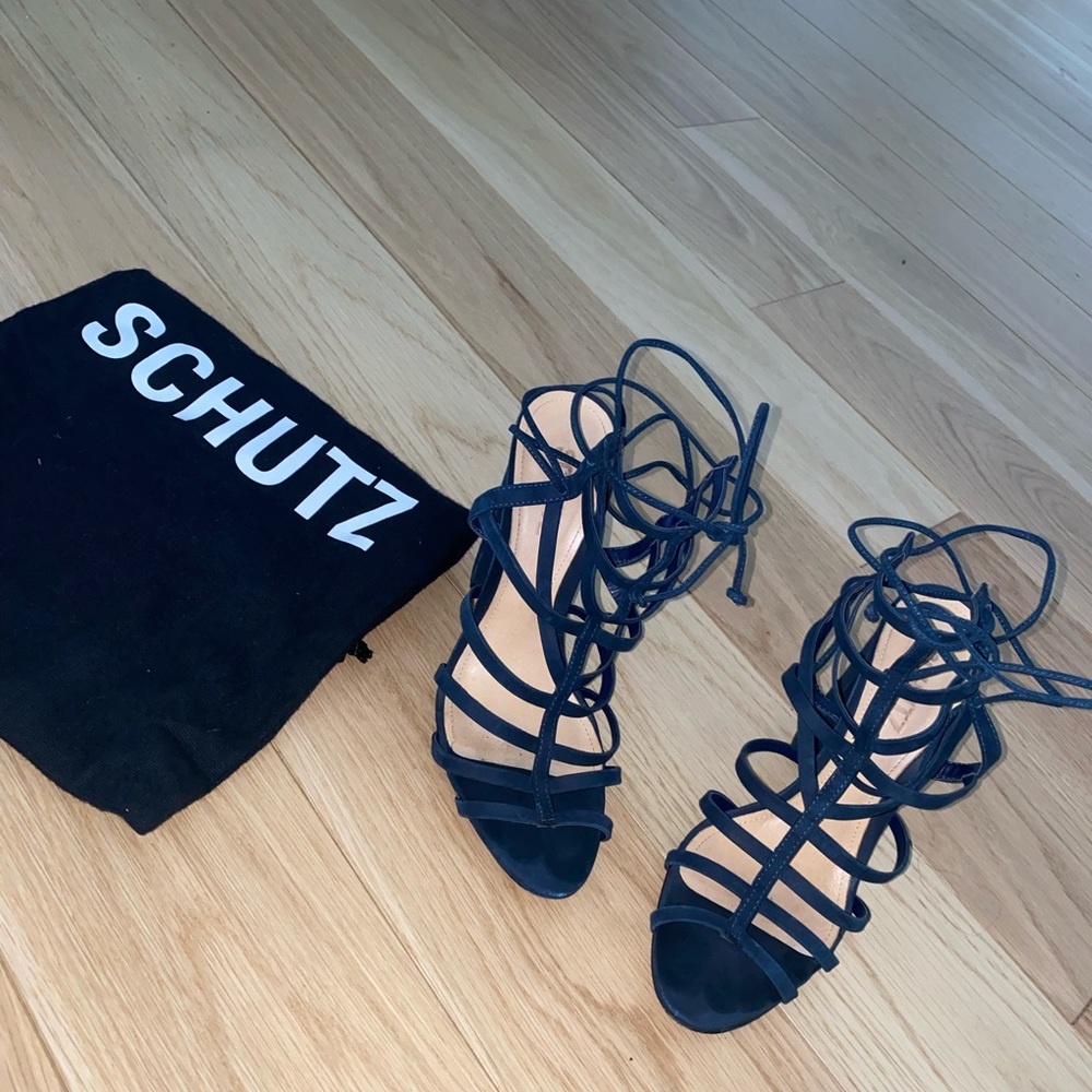 Schutz blue suede block heel size 38